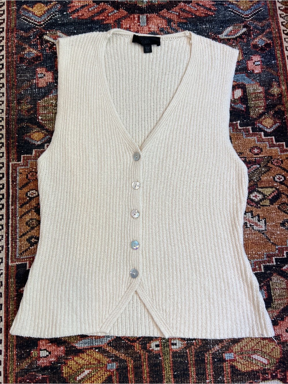 Zara Sleeveless Knit Button-Front Vest in Cream